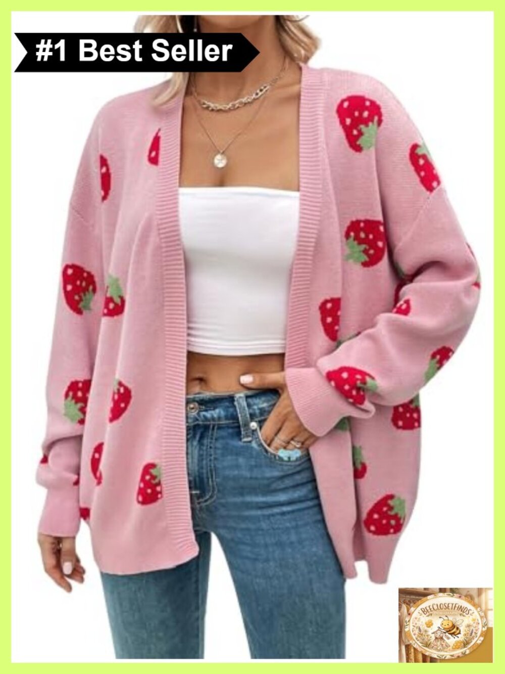 Women's Strawberry Print Open Front Knit Cardigan Loose Slouchy Long Sleeve